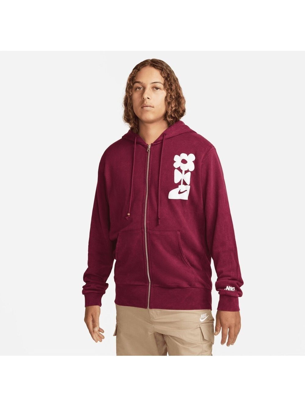 Nike Maroon Floral Graphic Washed French Terry Zip-Up Hoodie - Size XL
